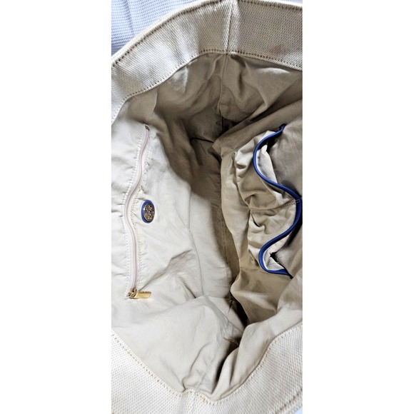 Tory Burch ivory‎ Canvas blue vinyl trim shoulder tote bag  18x11*6.5\
